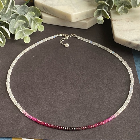 Genuine Ruby & Moonstone Beaded Choker Necklace in sterling silver - Picture 5 of 14
